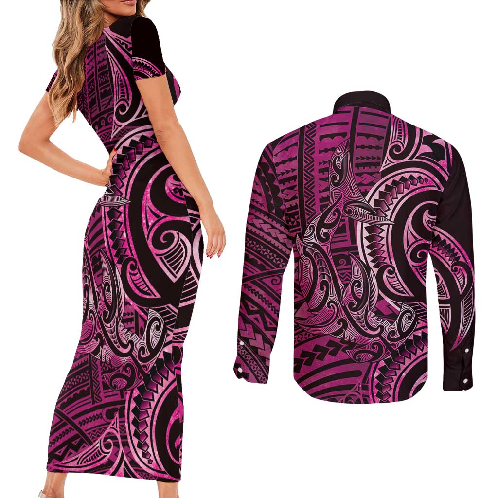 New Zealand Hammerhead Shark Couples Matching Short Sleeve Bodycon Dress and Long Sleeve Button Shirt Maori Haehae Mangopare Pink LT14 - Polynesian Pride