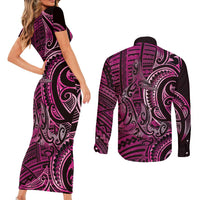 New Zealand Hammerhead Shark Couples Matching Short Sleeve Bodycon Dress and Long Sleeve Button Shirt Maori Haehae Mangopare Pink LT14 - Polynesian Pride