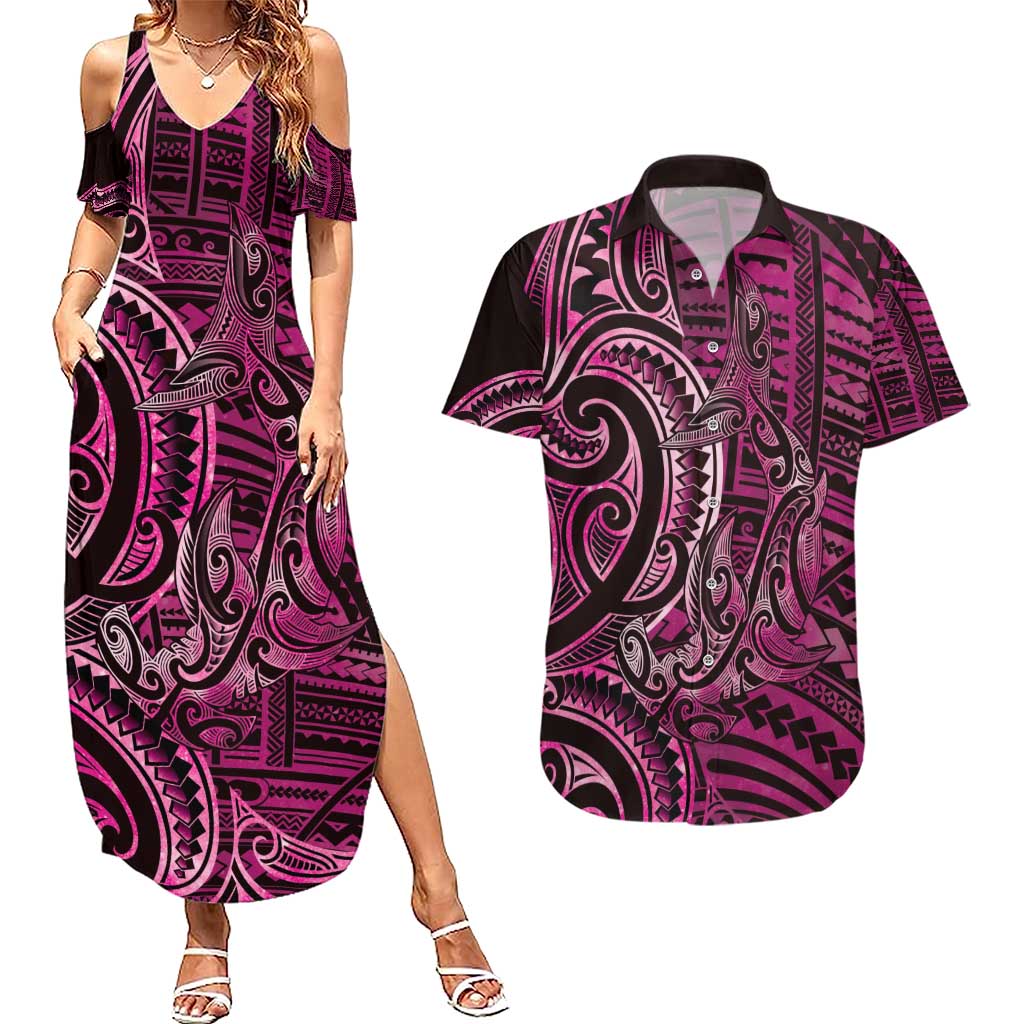 New Zealand Hammerhead Shark Couples Matching Summer Maxi Dress and Hawaiian Shirt Maori Haehae Mangopare Pink - Polynesian Pride