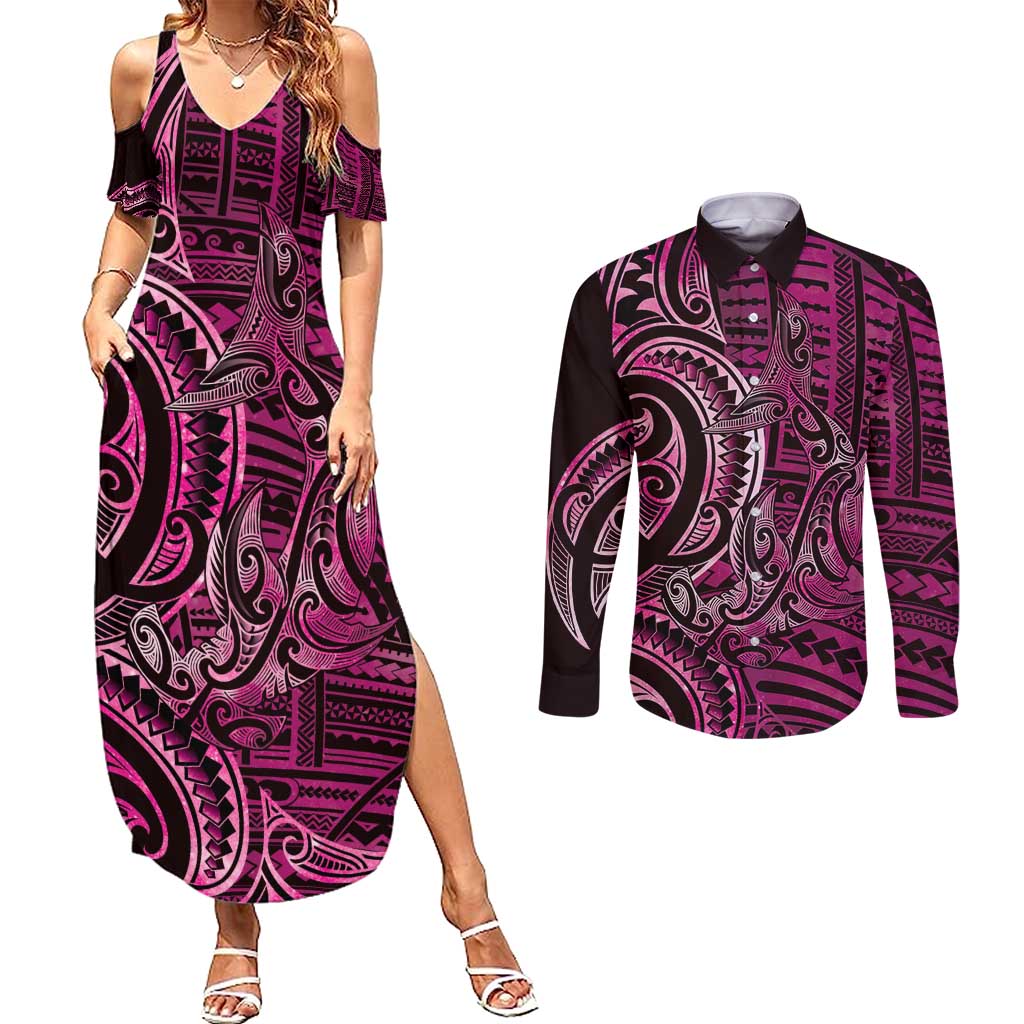 New Zealand Hammerhead Shark Couples Matching Summer Maxi Dress and Long Sleeve Button Shirt Maori Haehae Mangopare Pink LT14 Pink - Polynesian Pride