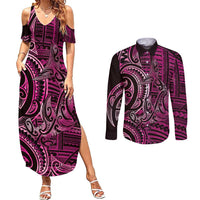 New Zealand Hammerhead Shark Couples Matching Summer Maxi Dress and Long Sleeve Button Shirt Maori Haehae Mangopare Pink LT14 Pink - Polynesian Pride