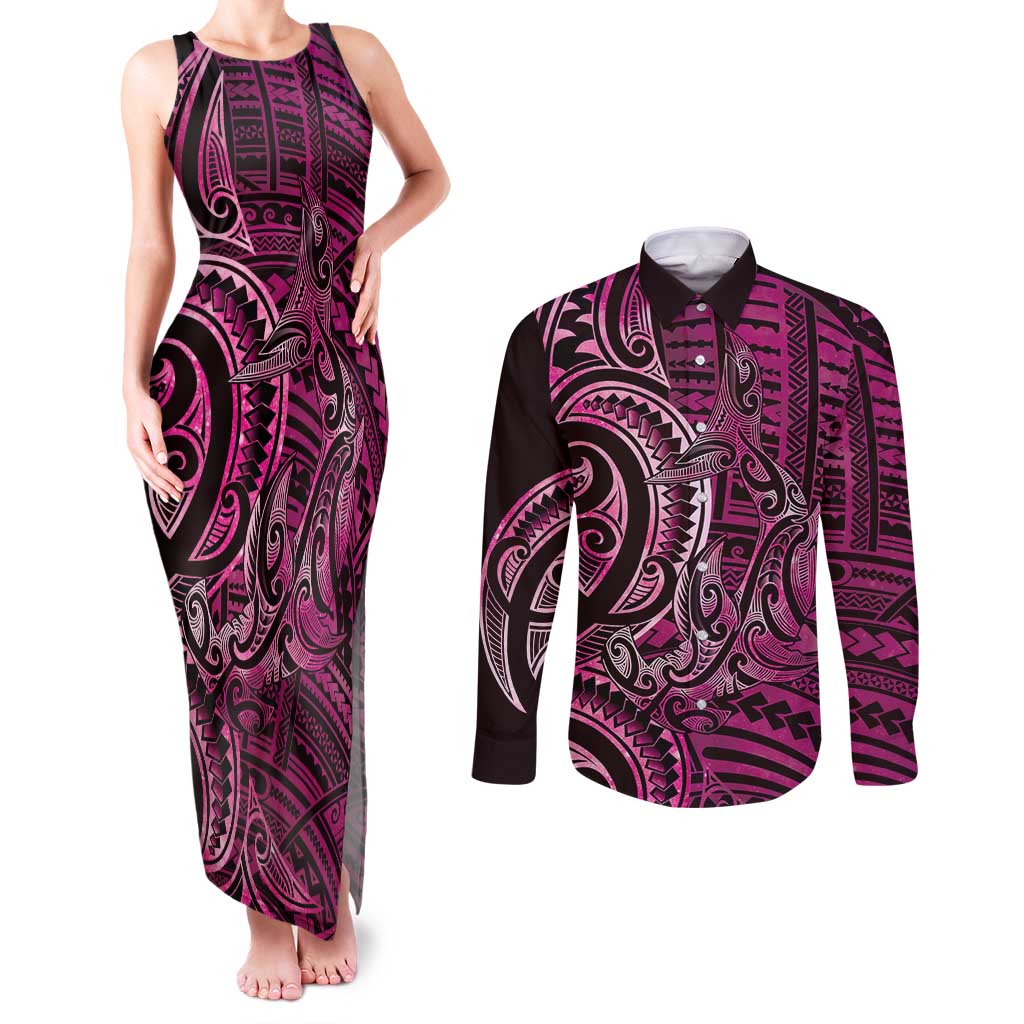 New Zealand Hammerhead Shark Couples Matching Tank Maxi Dress and Long Sleeve Button Shirt Maori Haehae Mangopare Pink - Polynesian Pride