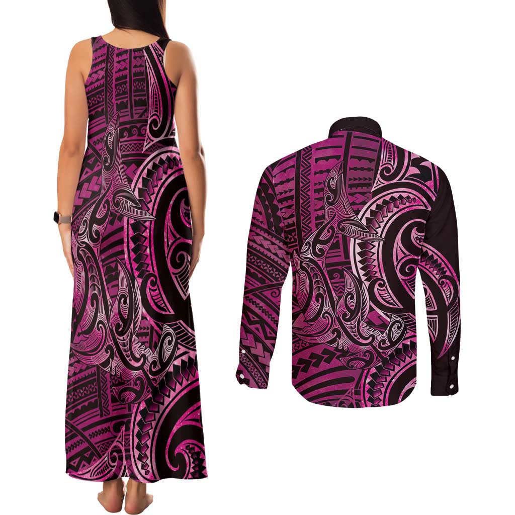 New Zealand Hammerhead Shark Couples Matching Tank Maxi Dress and Long Sleeve Button Shirt Maori Haehae Mangopare Pink LT14 - Polynesian Pride