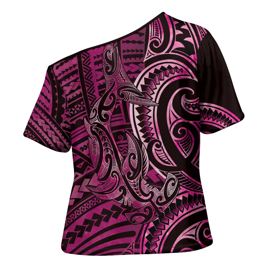 New Zealand Hammerhead Shark Cross Shoulder Shirt Maori Haehae Mangopare Pink LT14 - Polynesian Pride