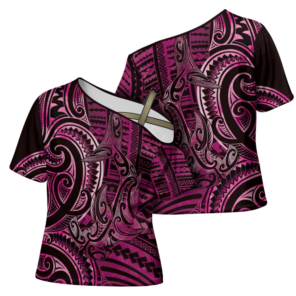 New Zealand Hammerhead Shark Cross Shoulder Shirt Maori Haehae Mangopare Pink LT14 - Polynesian Pride