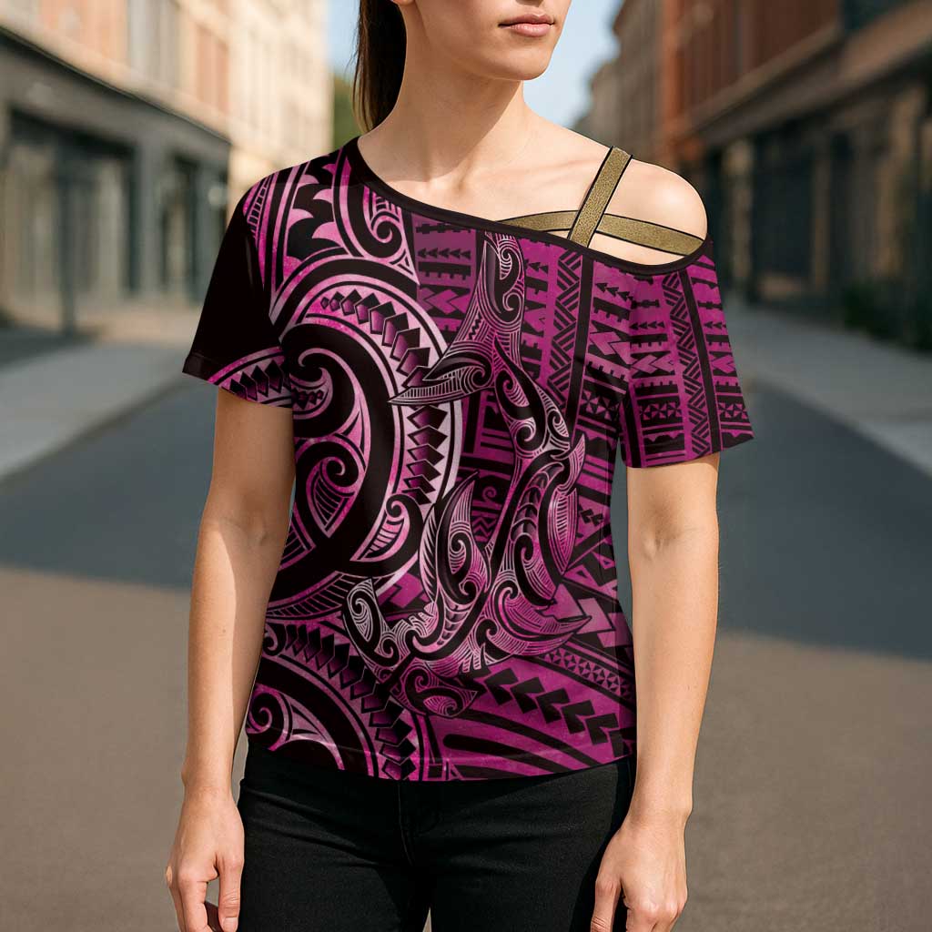 New Zealand Hammerhead Shark Cross Shoulder Shirt Maori Haehae Mangopare Pink LT14 - Polynesian Pride