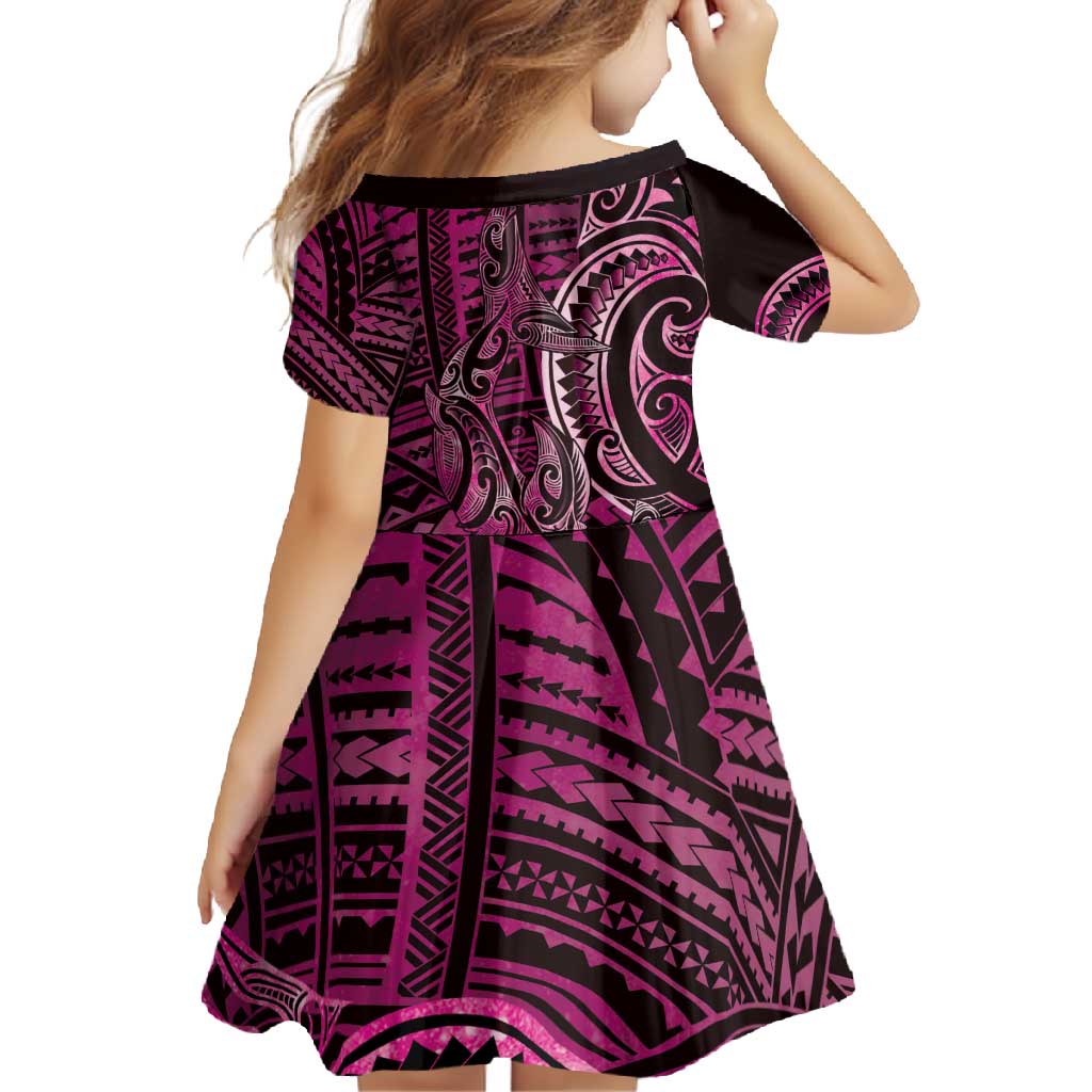 New Zealand Hammerhead Shark Family Matching Long Sleeve Bodycon Dress and Hawaiian Shirt Maori Haehae Mangopare Pink LT14 - Polynesian Pride
