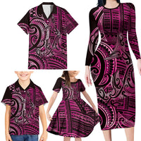 New Zealand Hammerhead Shark Family Matching Long Sleeve Bodycon Dress and Hawaiian Shirt Maori Haehae Mangopare Pink LT14 - Polynesian Pride