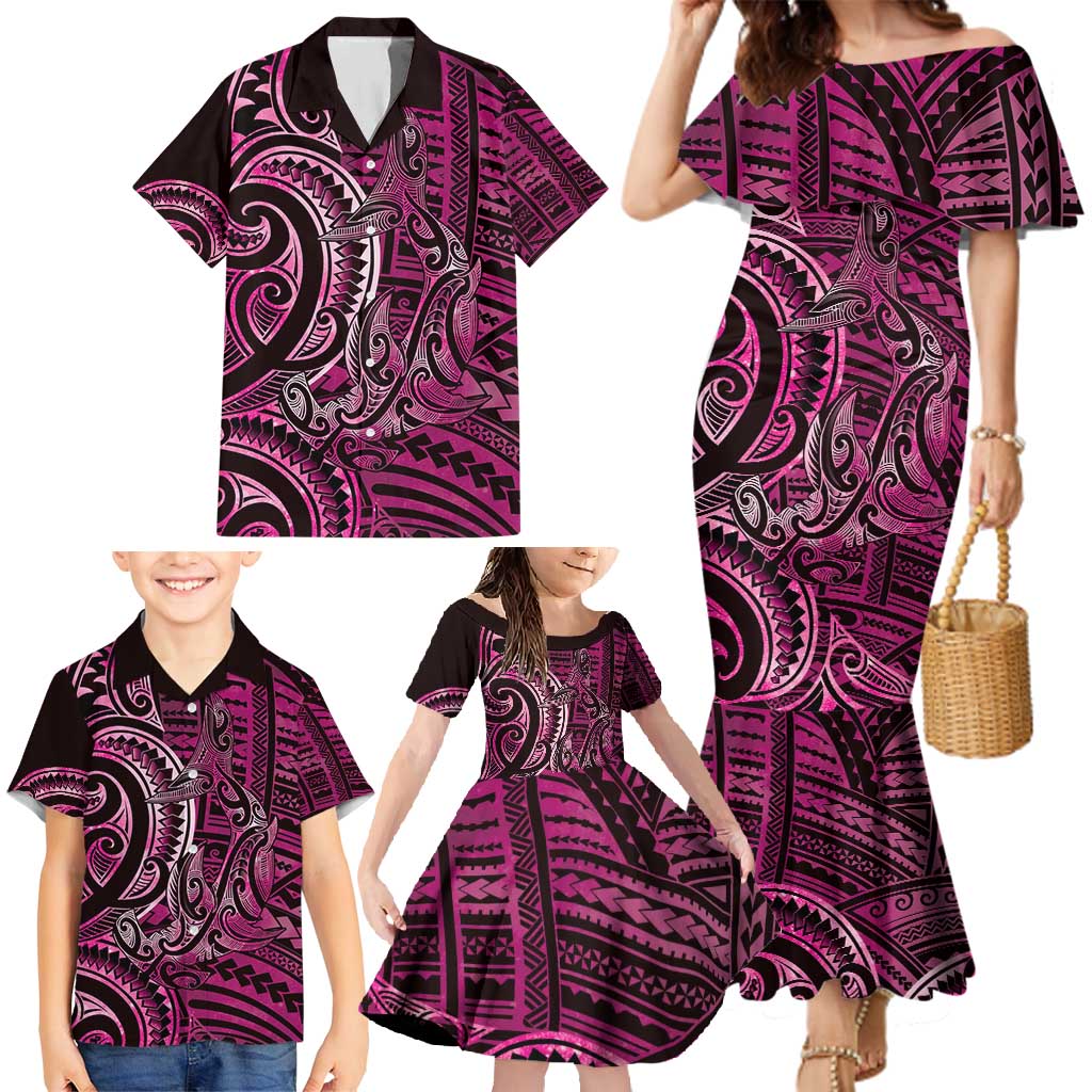 New Zealand Hammerhead Shark Family Matching Mermaid Dress and Hawaiian Shirt Maori Haehae Mangopare Pink LT14 - Polynesian Pride