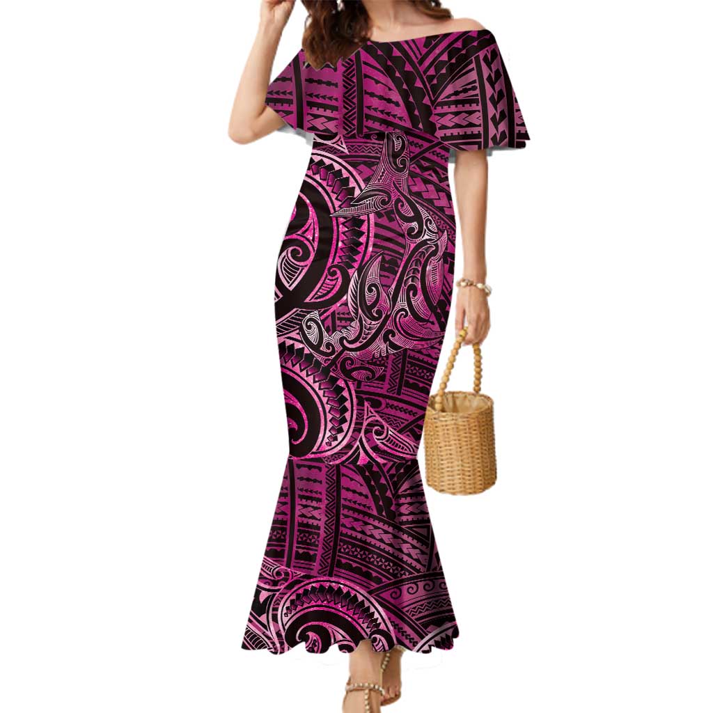 New Zealand Hammerhead Shark Family Matching Mermaid Dress and Hawaiian Shirt Maori Haehae Mangopare Pink LT14 Mom's Dress Pink - Polynesian Pride