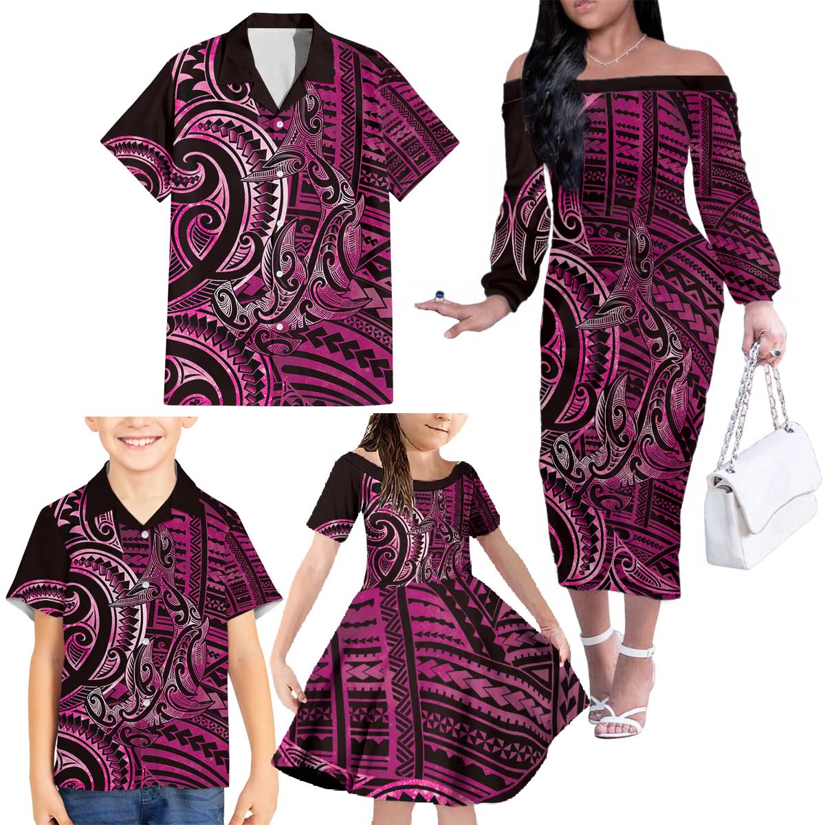 New Zealand Hammerhead Shark Family Matching Off The Shoulder Long Sleeve Dress and Hawaiian Shirt Maori Haehae Mangopare Pink LT14 - Polynesian Pride