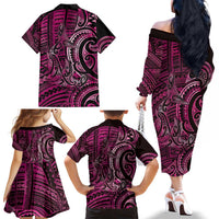 New Zealand Hammerhead Shark Family Matching Off The Shoulder Long Sleeve Dress and Hawaiian Shirt Maori Haehae Mangopare Pink LT14 - Polynesian Pride