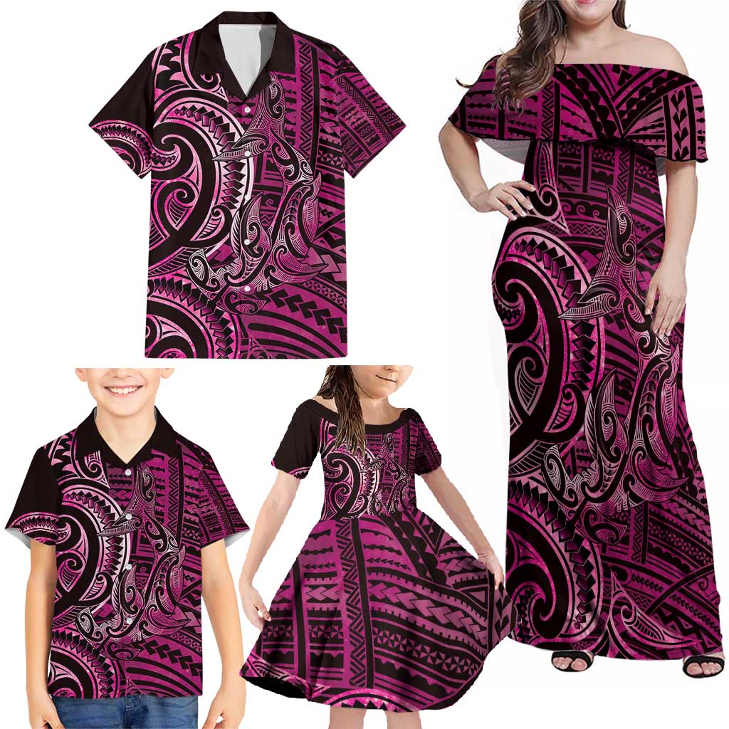 New Zealand Hammerhead Shark Family Matching Off Shoulder Maxi Dress and Hawaiian Shirt Maori Haehae Mangopare Pink LT14 - Polynesian Pride
