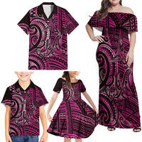 New Zealand Hammerhead Shark Family Matching Off Shoulder Maxi Dress and Hawaiian Shirt Maori Haehae Mangopare Pink LT14 - Polynesian Pride