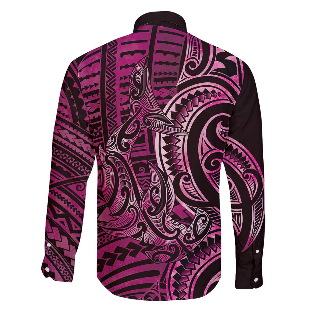 New Zealand Hammerhead Shark Family Matching Off Shoulder Maxi Dress and Hawaiian Shirt Maori Haehae Mangopare Pink LT14 - Polynesian Pride