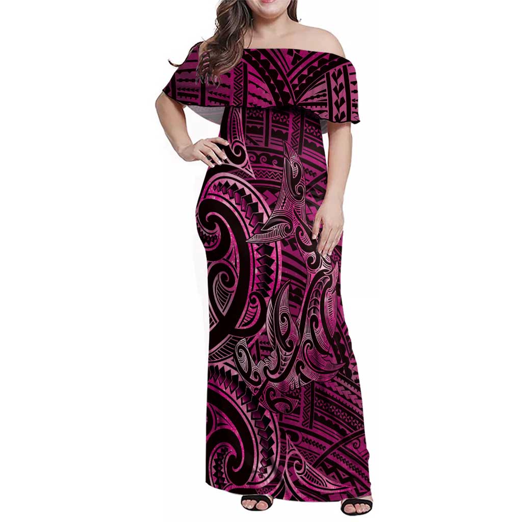 New Zealand Hammerhead Shark Family Matching Off Shoulder Maxi Dress and Hawaiian Shirt Maori Haehae Mangopare Pink LT14 Mom's Dress Pink - Polynesian Pride