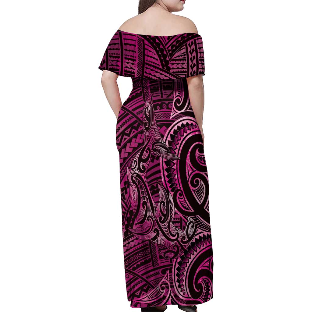 New Zealand Hammerhead Shark Family Matching Off Shoulder Maxi Dress and Hawaiian Shirt Maori Haehae Mangopare Pink LT14 - Polynesian Pride