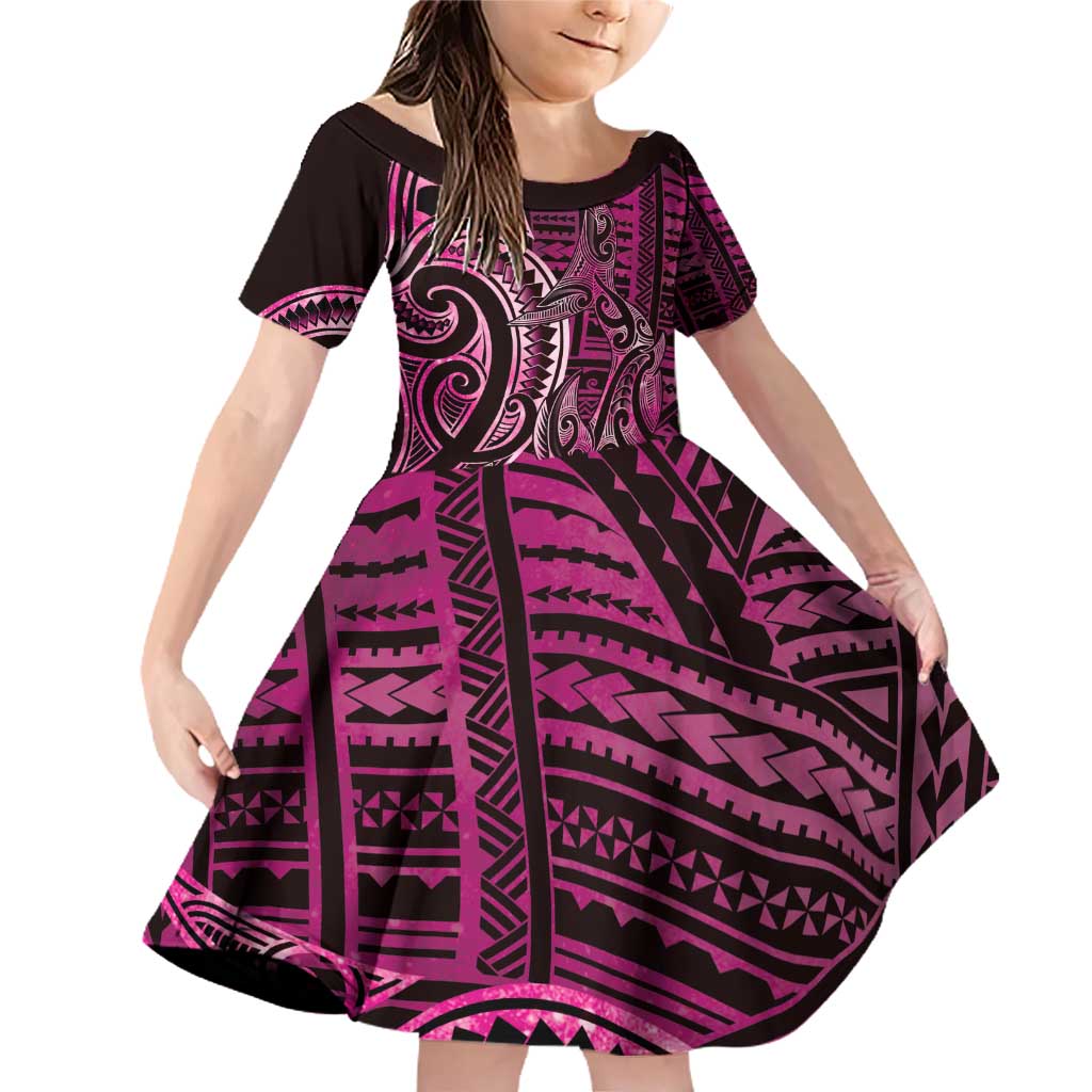 New Zealand Hammerhead Shark Family Matching Off Shoulder Short Dress and Hawaiian Shirt Maori Haehae Mangopare Pink LT14 Daughter's Dress Pink - Polynesian Pride