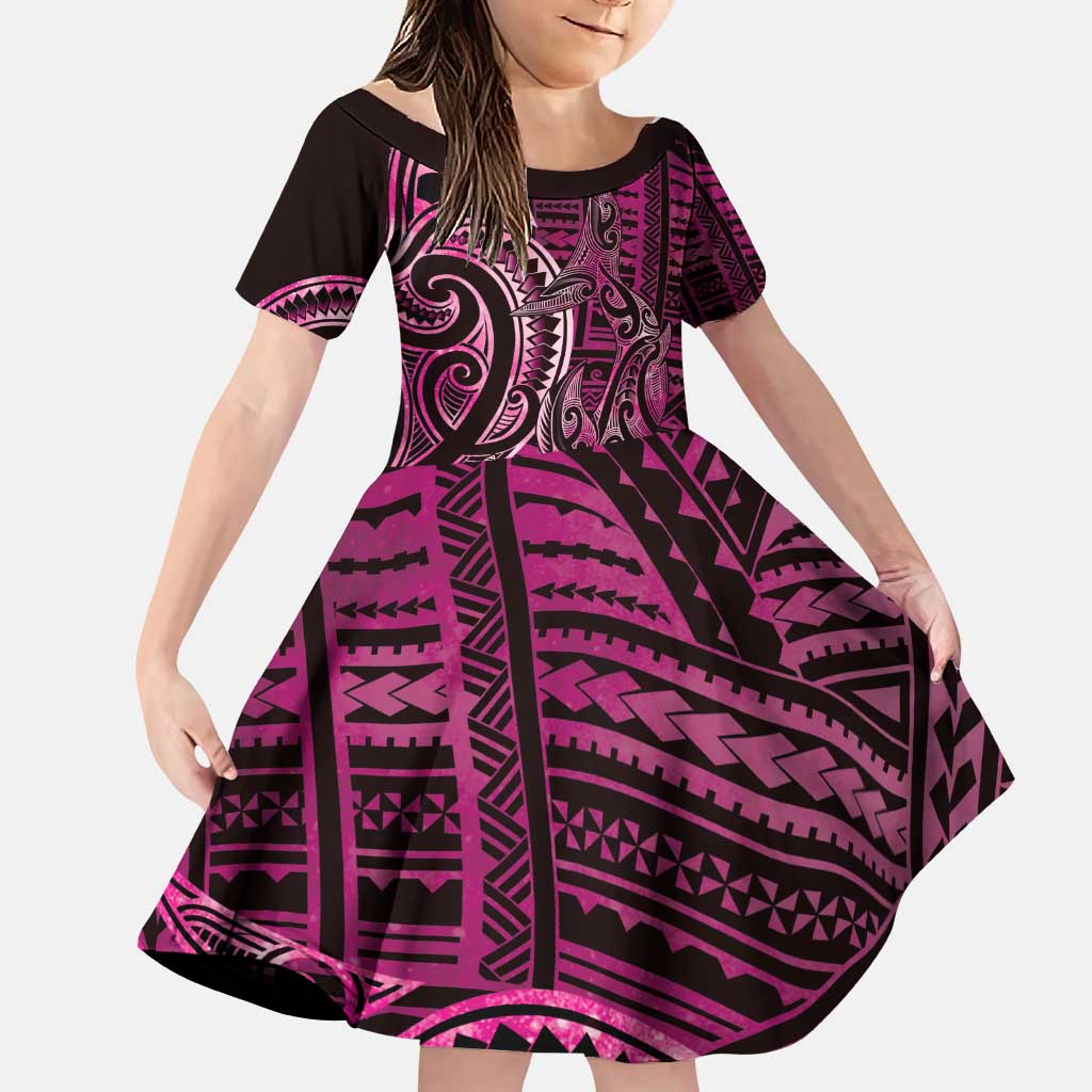 New Zealand Hammerhead Shark Family Matching Puletasi and Hawaiian Shirt Maori Haehae Mangopare Pink LT14 Daughter's Dress Pink - Polynesian Pride