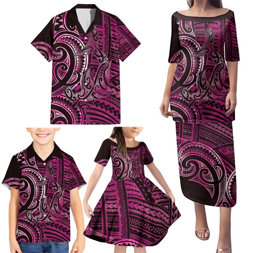 New Zealand Hammerhead Shark Family Matching Puletasi and Hawaiian Shirt Maori Haehae Mangopare Pink LT14 - Polynesian Pride
