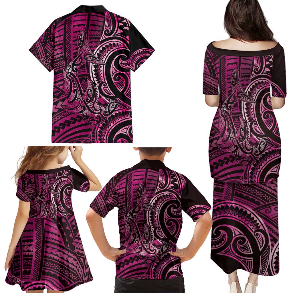 New Zealand Hammerhead Shark Family Matching Puletasi and Hawaiian Shirt Maori Haehae Mangopare Pink LT14 - Polynesian Pride