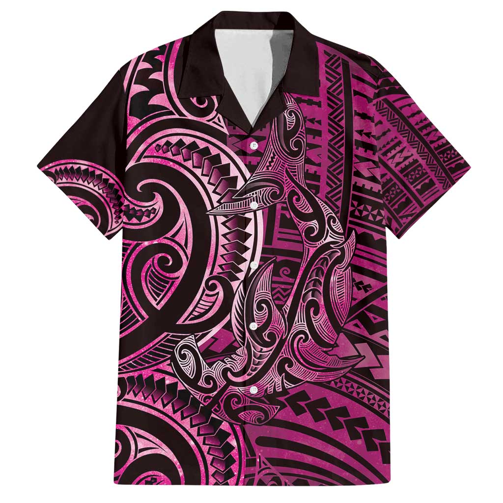New Zealand Hammerhead Shark Family Matching Puletasi and Hawaiian Shirt Maori Haehae Mangopare Pink LT14 Dad's Shirt - Short Sleeve Pink - Polynesian Pride
