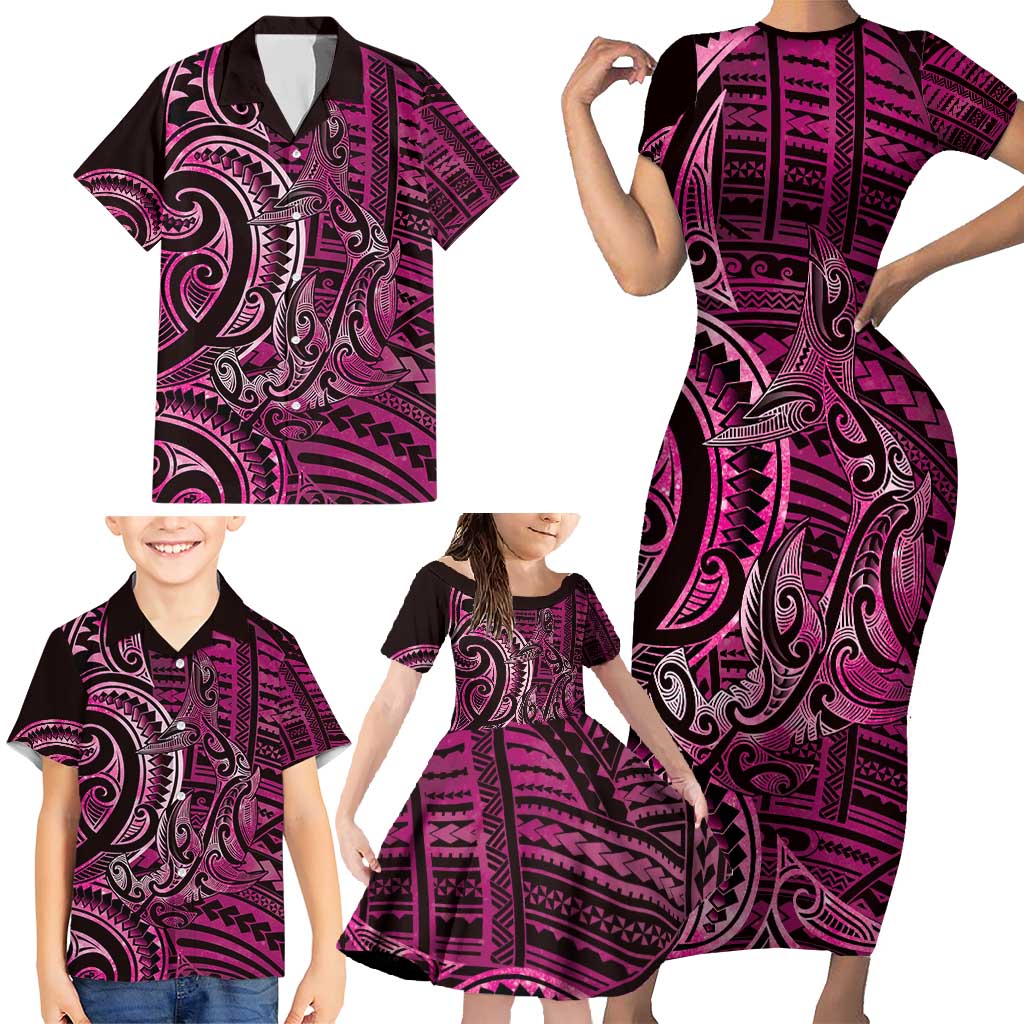 New Zealand Hammerhead Shark Family Matching Short Sleeve Bodycon Dress and Hawaiian Shirt Maori Haehae Mangopare Pink LT14 - Polynesian Pride