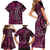 New Zealand Hammerhead Shark Family Matching Short Sleeve Bodycon Dress and Hawaiian Shirt Maori Haehae Mangopare Pink LT14 - Polynesian Pride