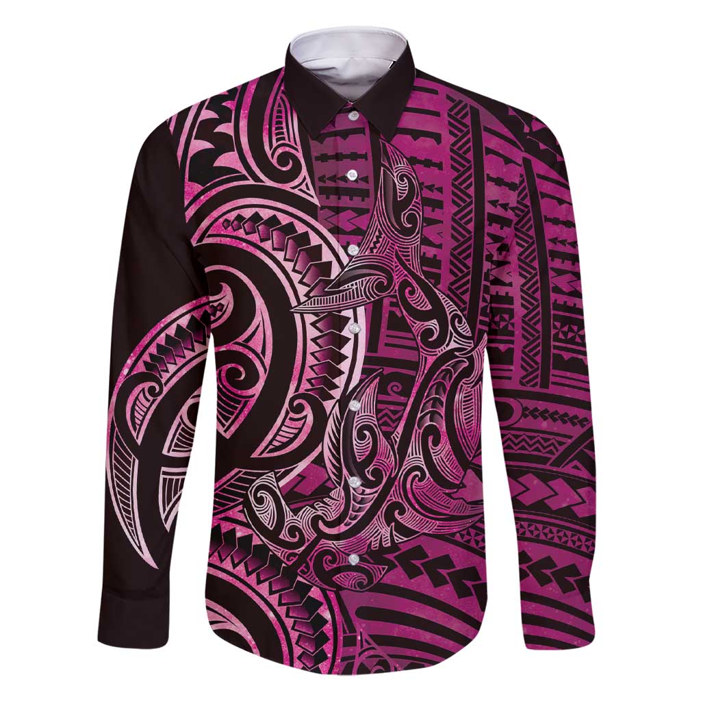 New Zealand Hammerhead Shark Family Matching Short Sleeve Bodycon Dress and Hawaiian Shirt Maori Haehae Mangopare Pink LT14 Dad's Shirt - Long Sleeve Pink - Polynesian Pride