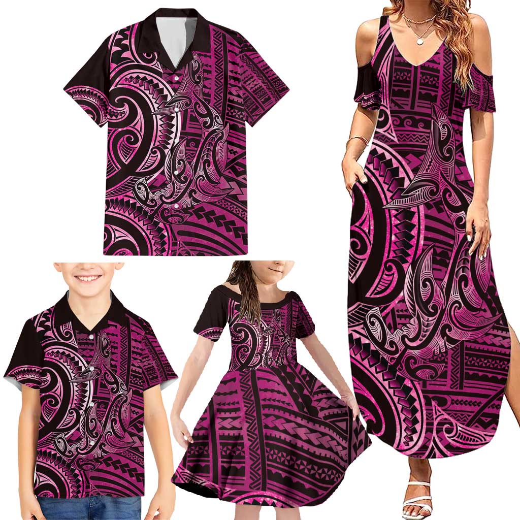 New Zealand Hammerhead Shark Family Matching Summer Maxi Dress and Hawaiian Shirt Maori Haehae Mangopare Pink LT14 - Polynesian Pride
