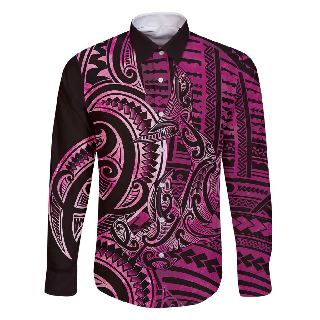 New Zealand Hammerhead Shark Family Matching Summer Maxi Dress and Hawaiian Shirt Maori Haehae Mangopare Pink LT14 Dad's Shirt - Long Sleeve Pink - Polynesian Pride
