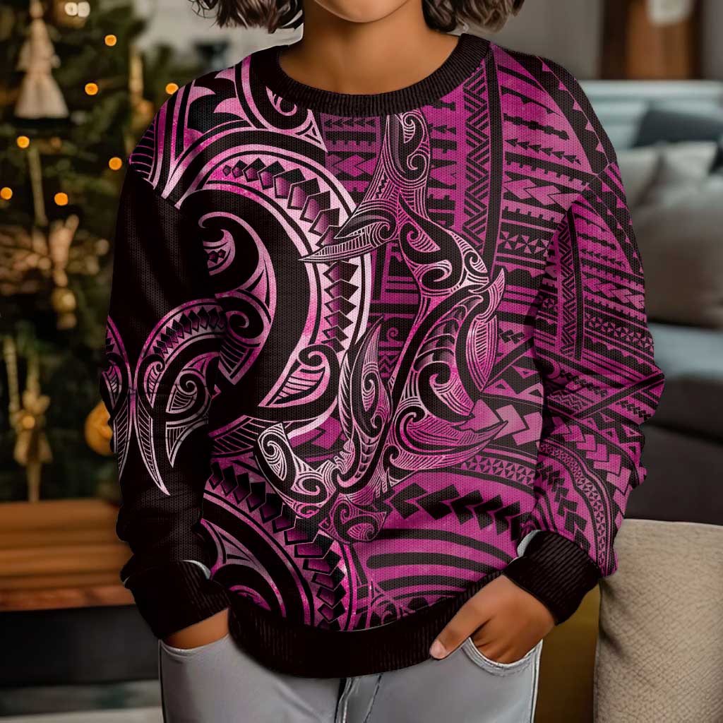 New Zealand Hammerhead Shark Kid Ugly Christmas Sweater Maori Haehae Mangopare Pink LT14 - Polynesian Pride