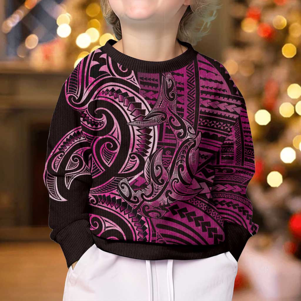 New Zealand Hammerhead Shark Kid Ugly Christmas Sweater Maori Haehae Mangopare Pink LT14 - Polynesian Pride