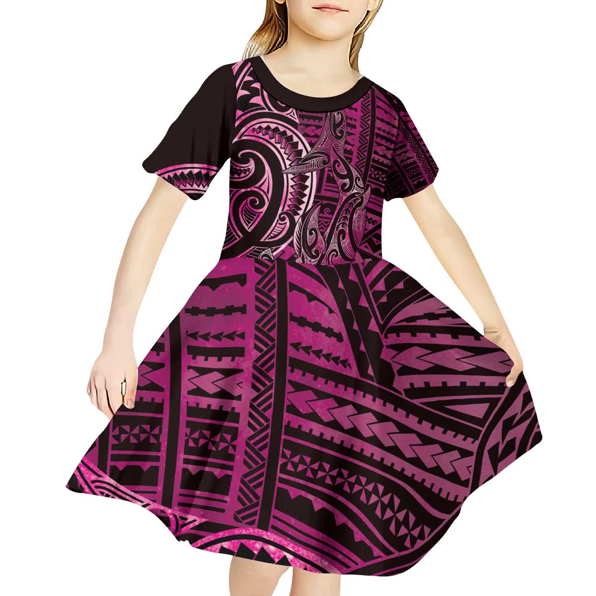 New Zealand Hammerhead Shark Kid Short Sleeve Dress Maori Haehae Mangopare Pink LT14 - Polynesian Pride