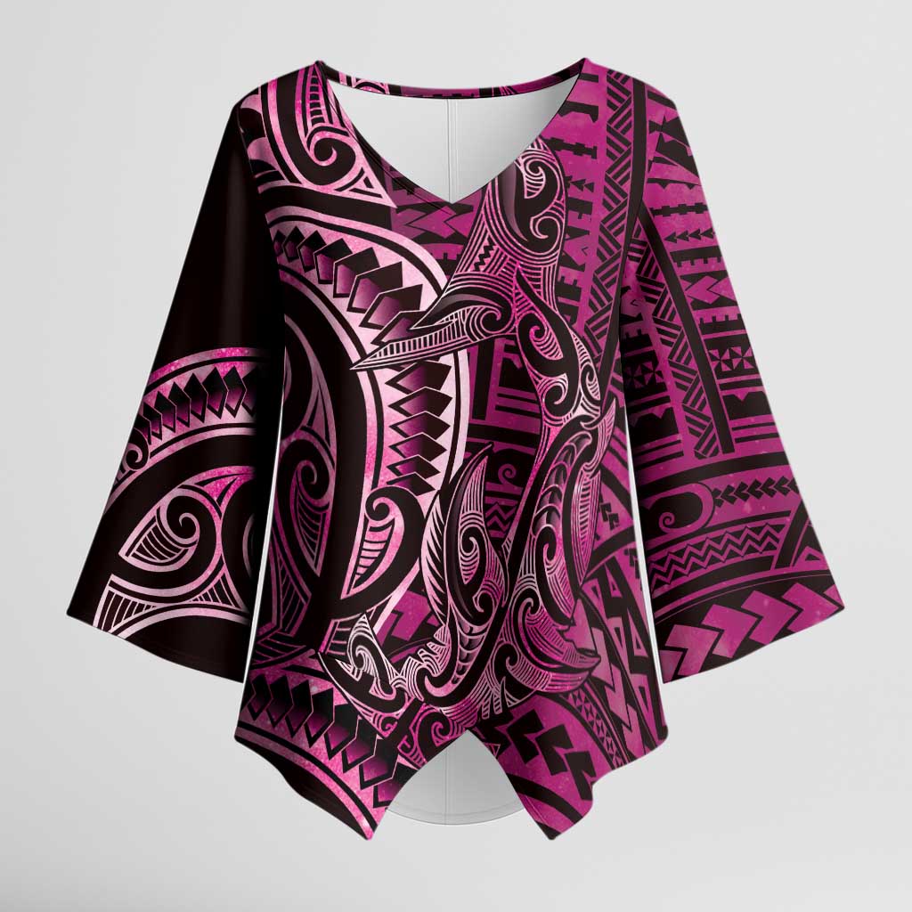 New Zealand Hammerhead Shark Kimono Sleeve Blouse Maori Haehae Mangopare Pink LT14 Female Pink - Polynesian Pride