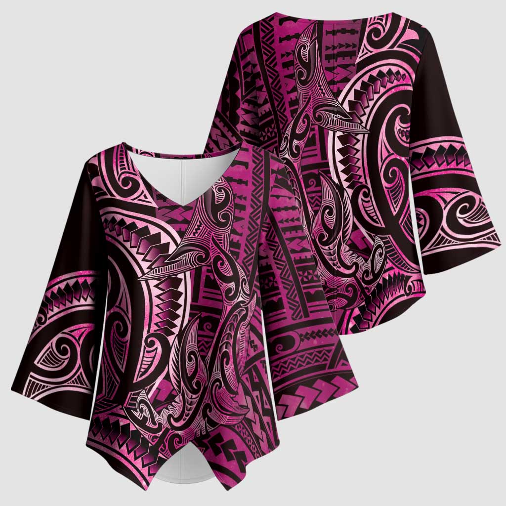 New Zealand Hammerhead Shark Kimono Sleeve Blouse Maori Haehae Mangopare Pink LT14 - Polynesian Pride