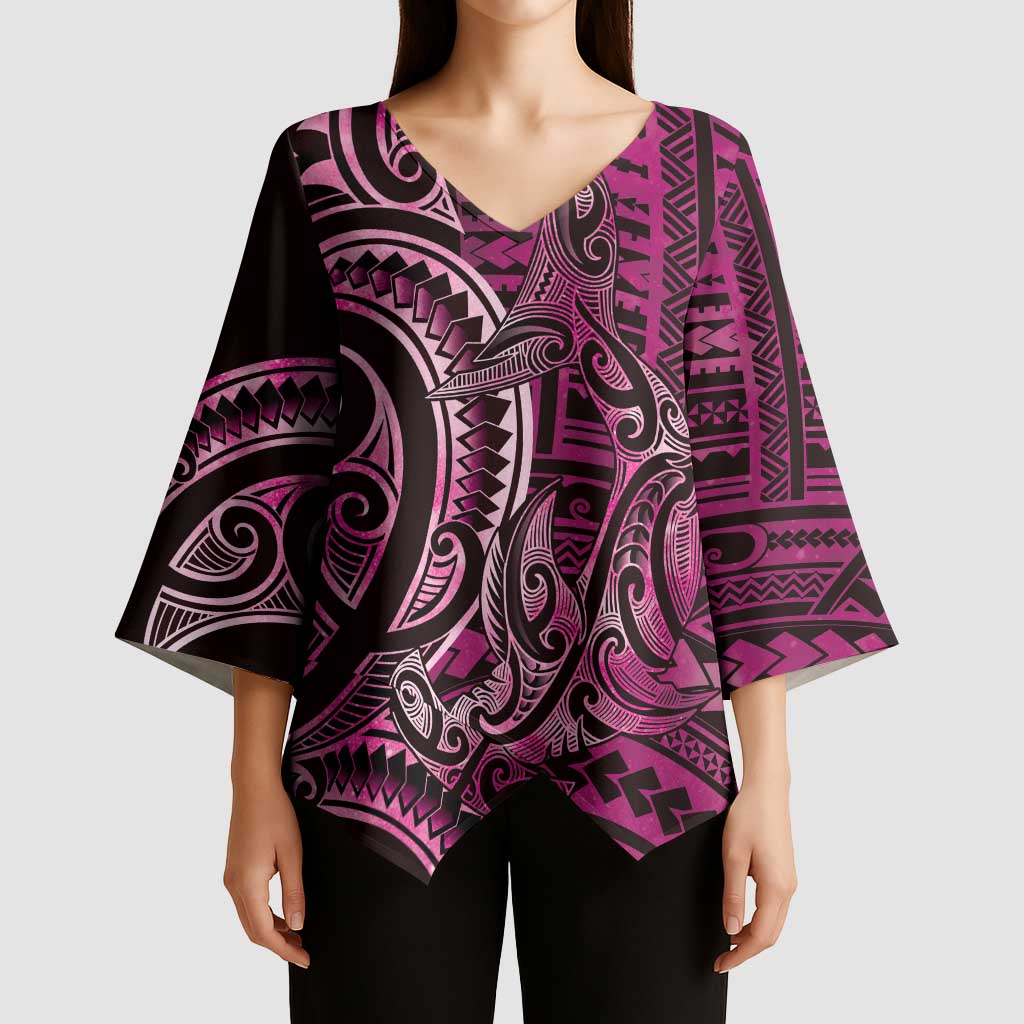 New Zealand Hammerhead Shark Kimono Sleeve Blouse Maori Haehae Mangopare Pink LT14 - Polynesian Pride