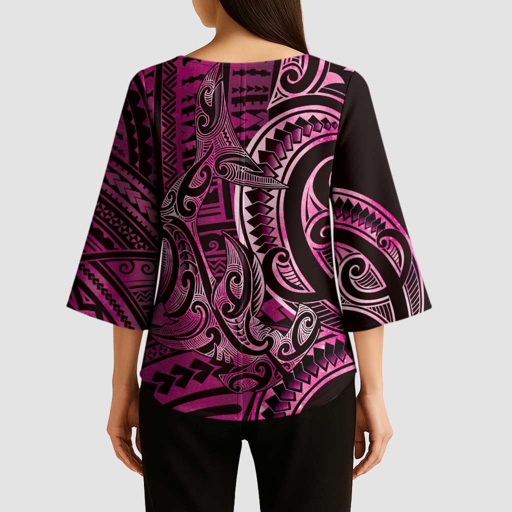 New Zealand Hammerhead Shark Kimono Sleeve Blouse Maori Haehae Mangopare Pink LT14 - Polynesian Pride