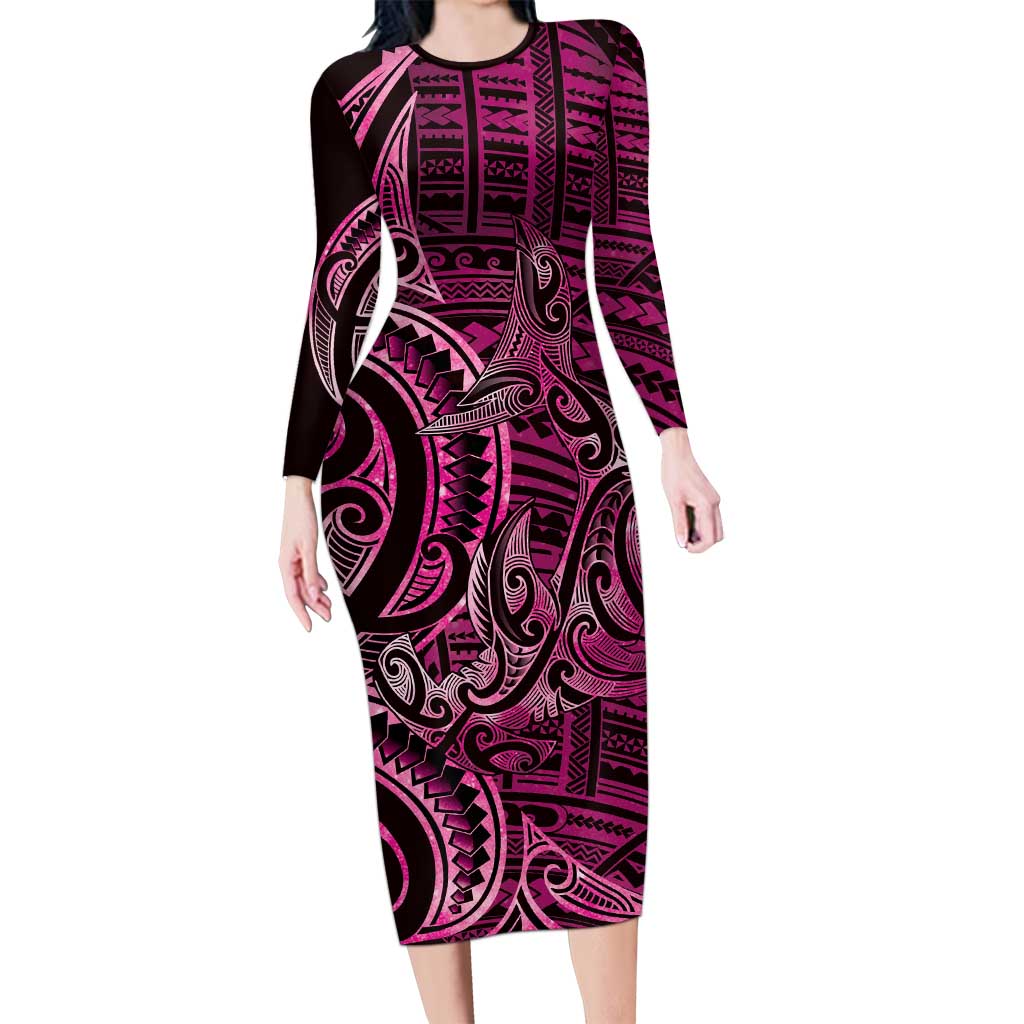 New Zealand Hammerhead Shark Long Sleeve Bodycon Dress Maori Haehae Mangopare Pink LT14 Long Dress Pink - Polynesian Pride