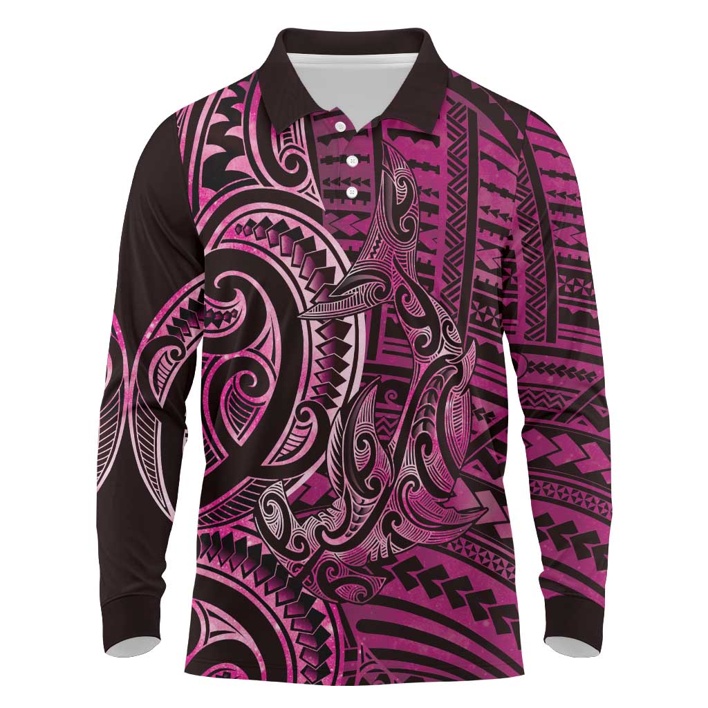 New Zealand Hammerhead Shark Long Sleeve Polo Shirt Maori Haehae Mangopare Pink LT14 Pink - Polynesian Pride