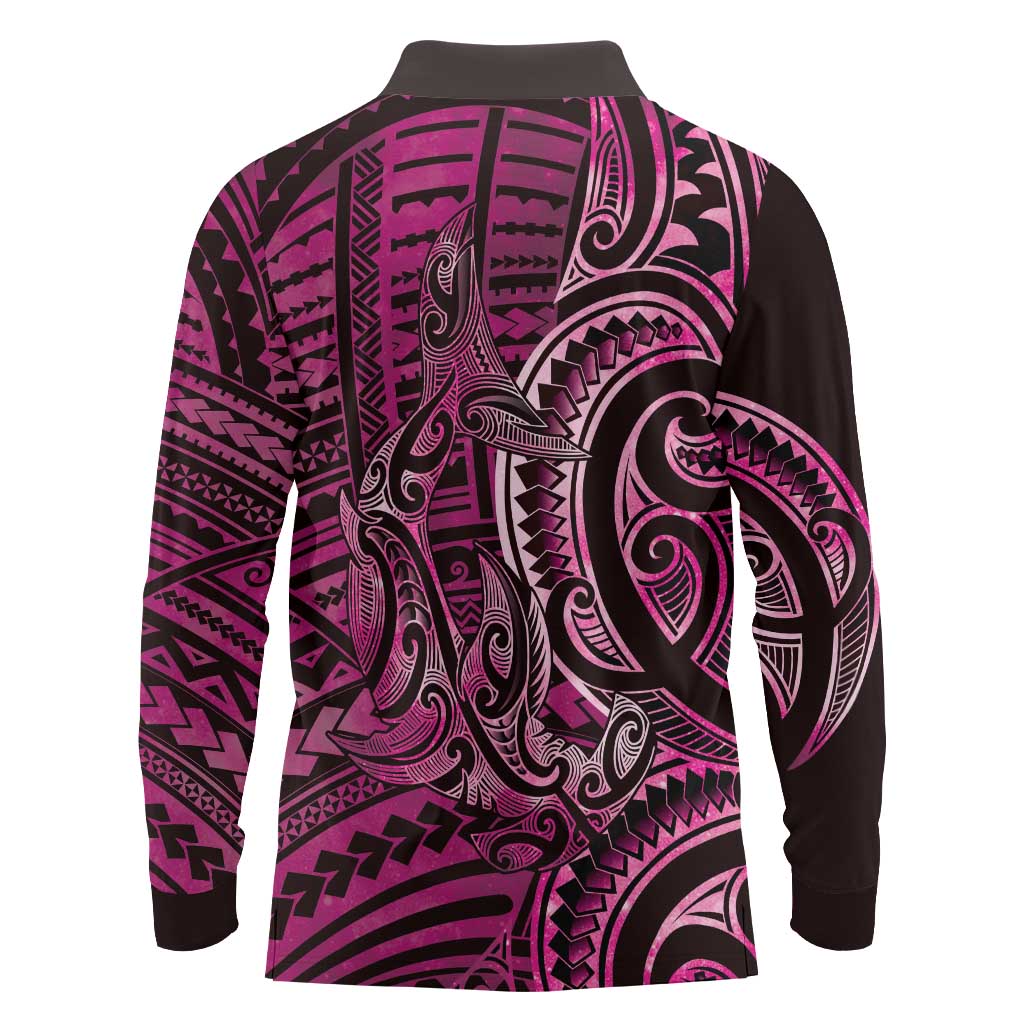 New Zealand Hammerhead Shark Long Sleeve Polo Shirt Maori Haehae Mangopare Pink LT14 - Polynesian Pride
