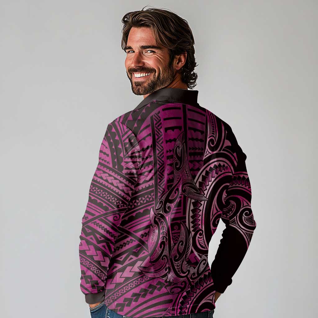 New Zealand Hammerhead Shark Long Sleeve Polo Shirt Maori Haehae Mangopare Pink LT14 - Polynesian Pride
