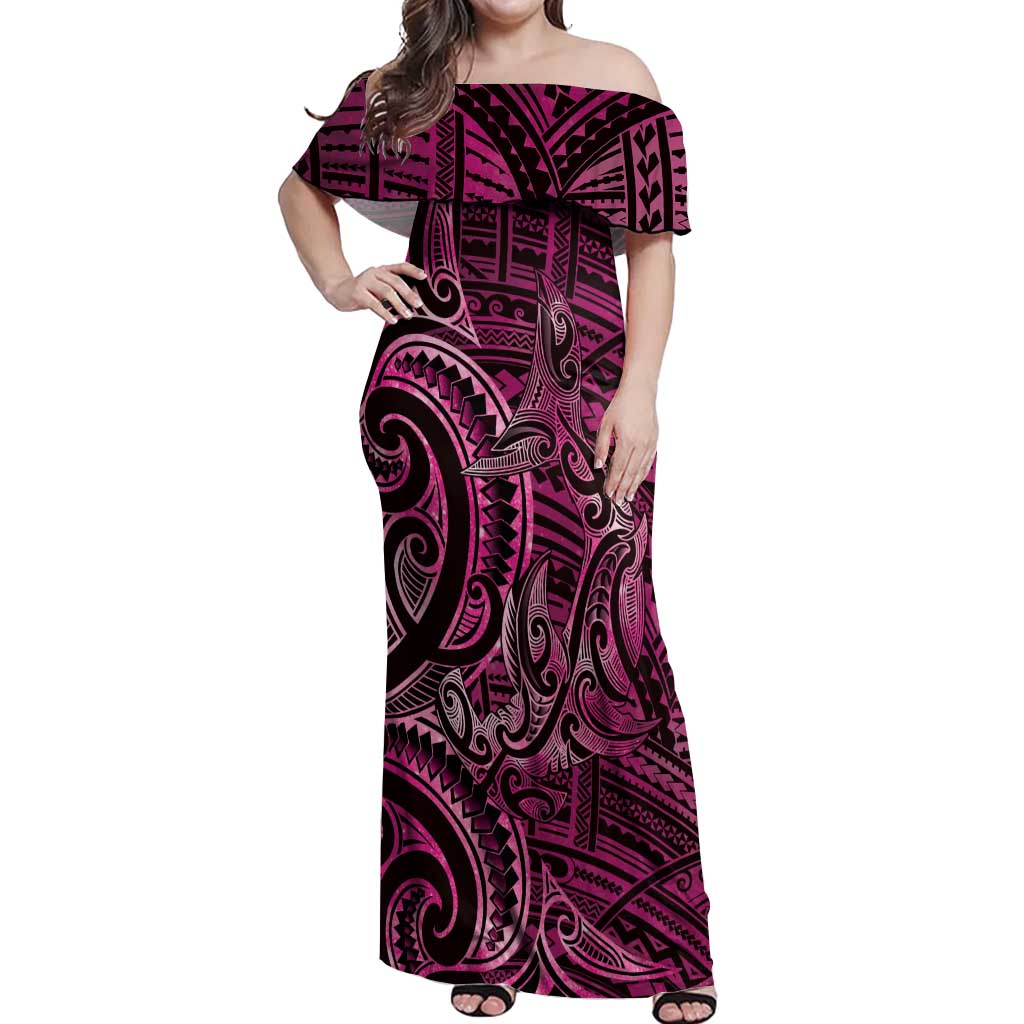 New Zealand Hammerhead Shark Off Shoulder Maxi Dress Maori Haehae Mangopare Pink LT14 Women Pink - Polynesian Pride