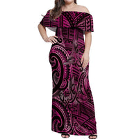 New Zealand Hammerhead Shark Off Shoulder Maxi Dress Maori Haehae Mangopare Pink LT14 Women Pink - Polynesian Pride