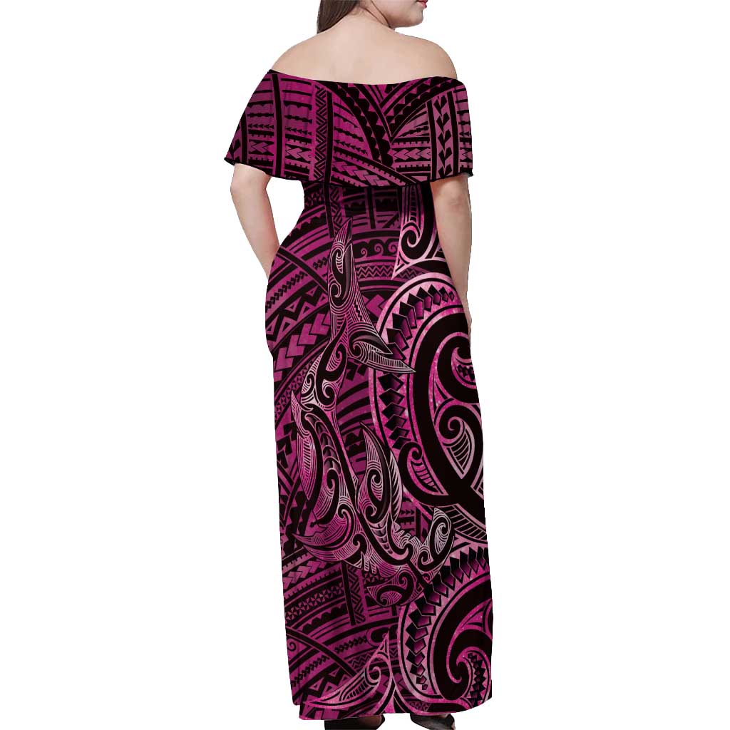 New Zealand Hammerhead Shark Off Shoulder Maxi Dress Maori Haehae Mangopare Pink LT14 - Polynesian Pride