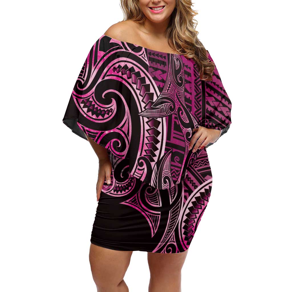 New Zealand Hammerhead Shark Off Shoulder Short Dress Maori Haehae Mangopare Pink LT14 Women Pink - Polynesian Pride