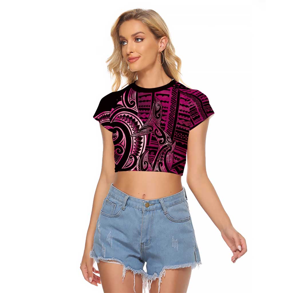 New Zealand Hammerhead Shark Raglan Cropped T Shirt Maori Haehae Mangopare Pink LT14 Female Pink - Polynesian Pride