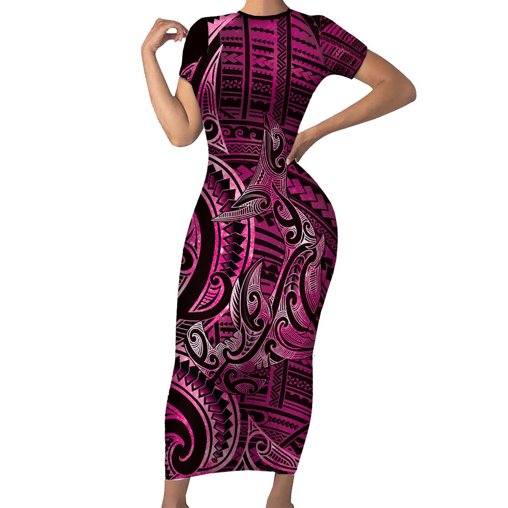 New Zealand Hammerhead Shark Short Sleeve Bodycon Dress Maori Haehae Mangopare Pink LT14 Long Dress Pink - Polynesian Pride