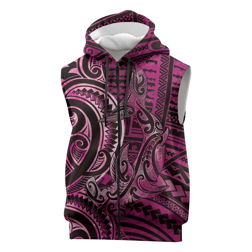 New Zealand Hammerhead Shark Sleeveless Zip Hoodie Maori Haehae Mangopare Pink LT14 Pink - Polynesian Pride