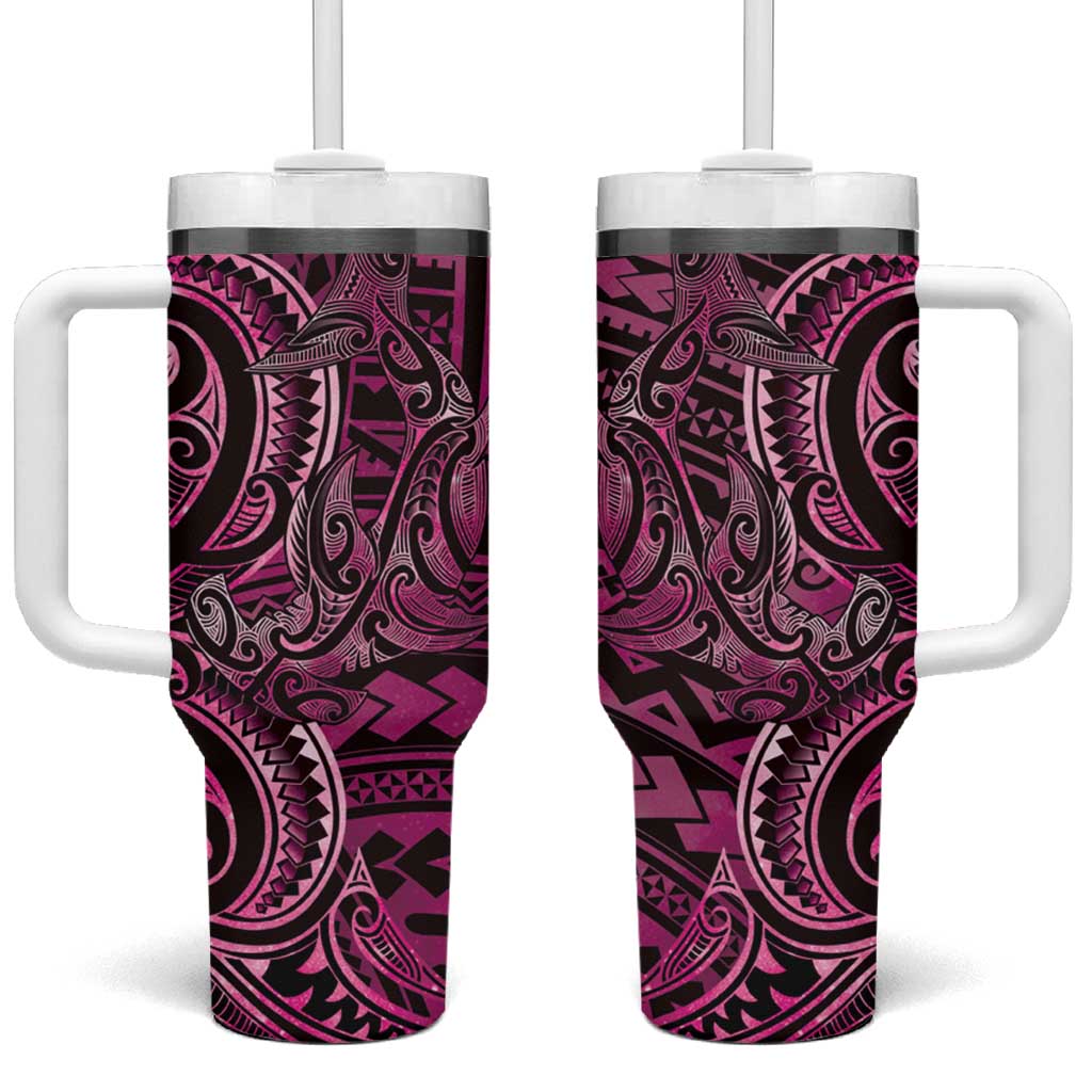 New Zealand Hammerhead Shark Tumbler With Handle Maori Haehae Mangopare Pink LT14 One Size: 40 oz Pink - Polynesian Pride